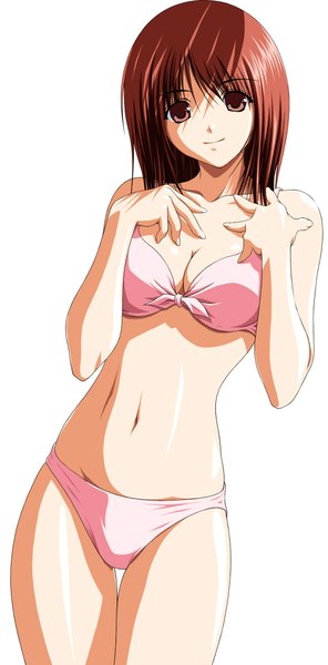 Anime picture 1078x2181 with original yuma amagi (artist) single tall image looking at viewer short hair simple background smile brown hair standing white background brown eyes girl navel swimsuit