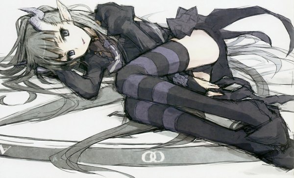 Anime picture 1400x850 with blassreiter elea konoe ototsugu closet child long hair wide image lying horn (horns) pointy ears grey hair paper texture girl thighhighs striped thighhighs
