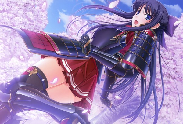 Anime picture 4972x3366 with walkure romanze ryuuzouji akane komori kei single long hair looking at viewer blush highres open mouth blue eyes black hair smile absurdres purple hair pleated skirt cherry blossoms half updo girl thighhighs skirt
