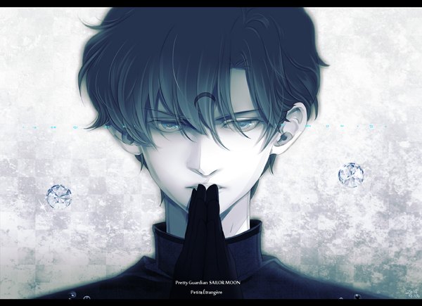 Anime picture 1185x861 with bishoujo senshi sailor moon toei animation safire saki (hxaxcxk) single looking at viewer short hair blue hair aqua hair finger to mouth monochrome portrait pale skin checkered background boy gloves black gloves crystal
