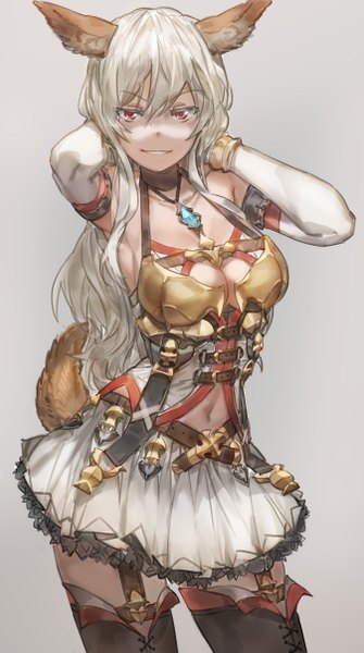 Anime picture 1346x2409 with granblue fantasy free style (yohan1754) single long hair tall image looking at viewer fringe breasts open mouth light erotic simple background smile hair between eyes red eyes animal ears white hair tail animal tail grey background arms up