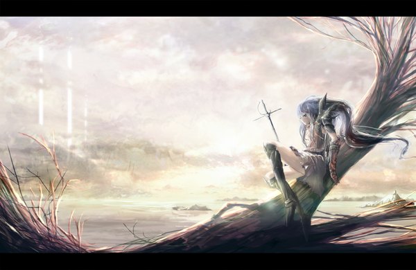 Anime picture 2000x1303 with original rery rr23 long hair highres blue eyes silver hair cloud (clouds) girl dress weapon plant (plants) sword tree (trees) boots armor