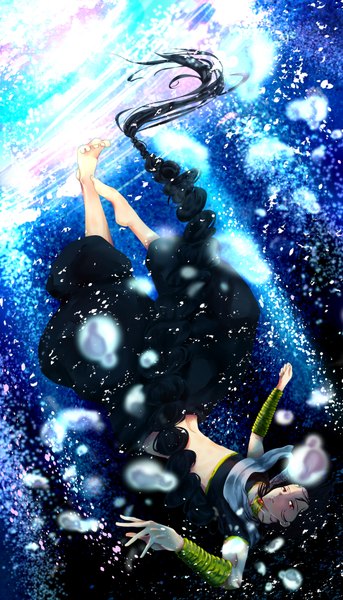 Anime picture 2151x3763 with magi the labyrinth of magic a-1 pictures judal single long hair tall image looking at viewer highres open mouth braid (braids) sunlight single braid underwater falling boy choker water bracelet jewelry bubble (bubbles)
