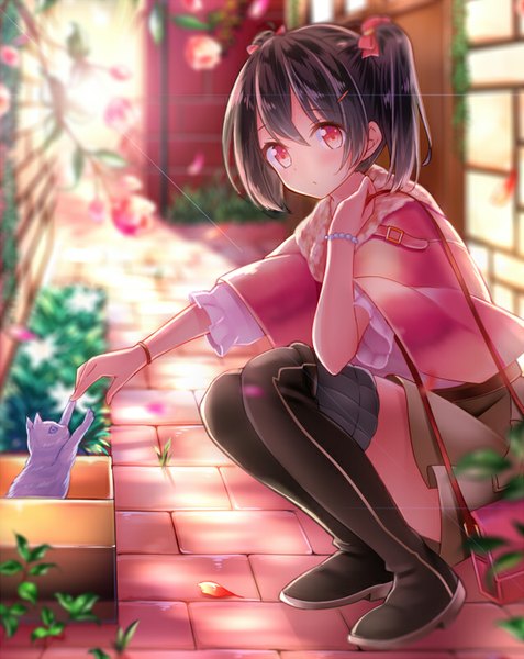 Anime picture 636x800 with love live! school idol project sunrise (studio) love live! yazawa nico azure (capriccio) tall image blush short hair black hair red eyes twintails sunlight :o squat girl thighhighs skirt hair ornament flower (flowers) bow