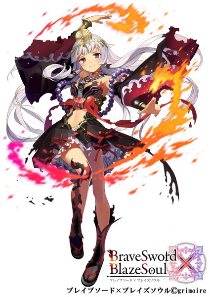 Anime picture 1000x1411 with brave sword x blaze soul gaou (umaiyo puyoman) single long hair tall image looking at viewer fringe open mouth simple background standing white background twintails purple eyes bare shoulders bent knee (knees) white hair long sleeves arm up wide sleeves copyright name