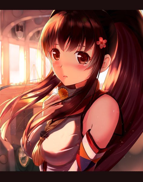 Anime picture 1010x1280 with kantai collection yamato super battleship okb329 single long hair tall image looking at viewer blush red eyes brown hair bare shoulders ponytail hair flower letterboxed girl hair ornament flower (flowers) detached sleeves