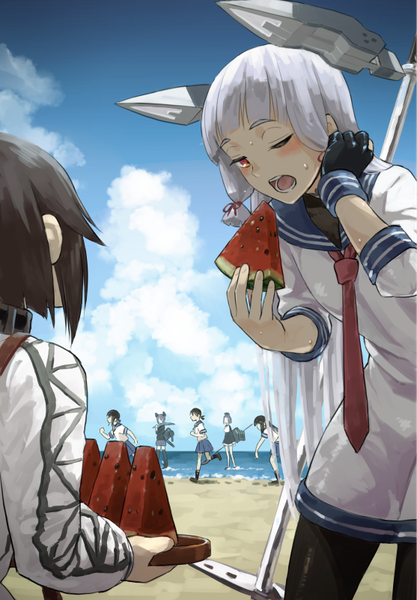 Anime picture 557x800 with kantai collection murakumo destroyer tenryuu light cruiser tatsuta light cruiser fubuki destroyer hayasui fleet oiler hatsuyuki destroyer shirayuki destroyer pennel long hair tall image blush fringe short hair open mouth black hair multiple girls sky silver hair cloud (clouds)