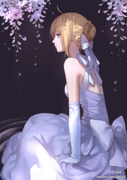 Anime picture 689x975 with fate (series) fate/stay night type-moon artoria pendragon (all) saber ask (askzy) single long hair tall image fringe blue eyes blonde hair simple background sitting bare shoulders looking away ahoge braid (braids) hair bun (hair buns) black background