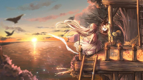 Anime picture 1184x666 with vocaloid ia (vocaloid) hibarisann single long hair wide image sitting pink hair sky very long hair profile wind evening sunset girl dress plant (plants) animal tree (trees) sea