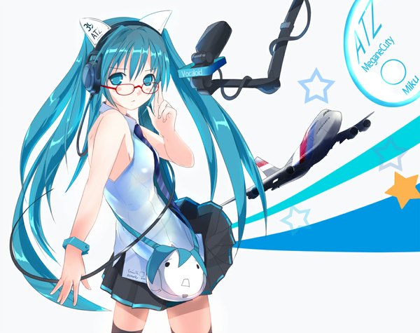 Anime picture 1044x828 with vocaloid hatsune miku h016 single long hair twintails animal ears looking back aqua eyes aqua hair girl glasses bracelet headphones star (symbol) bag microphone