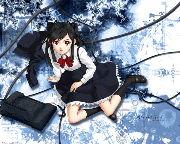 Anime picture 1280x1024 with tagme (character) tagme (artist) single long hair looking at viewer black hair signed full body from above 2004 girl uniform school uniform