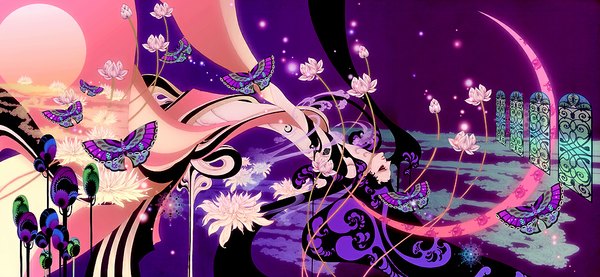Anime picture 1022x472 with original aya kato single black hair wide image sky long sleeves profile smoke striped crescent falling girl flower (flowers) water window insect butterfly sun fireflies