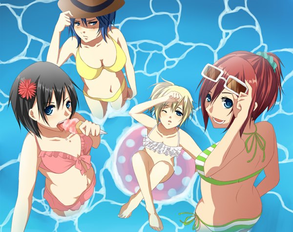 Anime picture 1100x872 with kingdom hearts square enix aqua (kingdom hearts) kairi (kingdom hearts) namine xion (kingdom hearts) wamai (artist) blue eyes black hair blonde hair multiple girls blue hair red hair one eye closed looking back wink girl swimsuit hat bikini