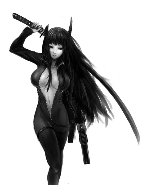 Anime picture 1200x1543 with original kuro black single long hair tall image fringe breasts light erotic simple background large breasts standing white background holding looking away parted lips horn (horns) bare belly monochrome girl navel