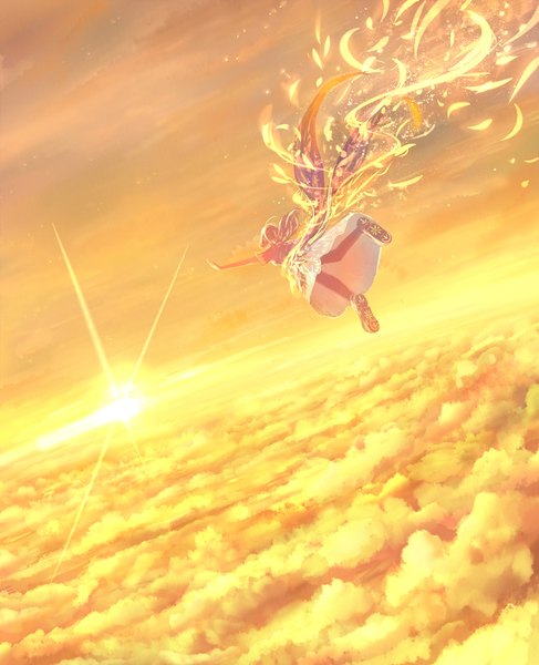 Anime picture 852x1050 with original bounin single long hair tall image sky cloud (clouds) ahoge from behind sunlight short sleeves lens flare floral print glowing spread arms soles flying upskirt midair girl