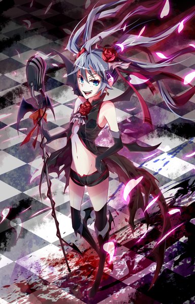 Anime picture 1250x1950 with vocaloid hatsune miku tagme (artist) single tall image open mouth blue eyes twintails blue hair hair flower teeth fang (fangs) happy checkered floor girl gloves hair ornament ribbon (ribbons) hair ribbon earrings