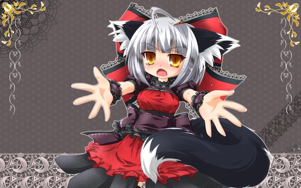 Anime picture 2560x1600 with kazami karasu blush highres wide image animal ears yellow eyes white hair tail japanese clothes teeth cat girl fang (fangs) goth-loli gothic girl dress ribbon (ribbons) frills