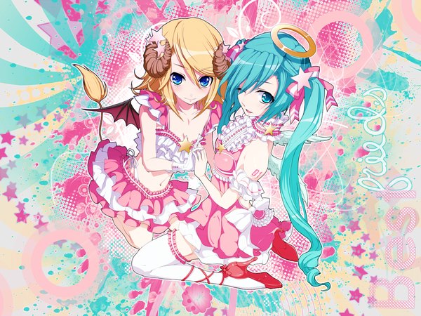 Anime picture 1600x1200 with vocaloid hatsune miku kagamine rin long hair short hair blue eyes blonde hair twintails bare shoulders multiple girls tail one eye closed horn (horns) aqua eyes wink aqua hair sleeveless holding hands girl thighhighs