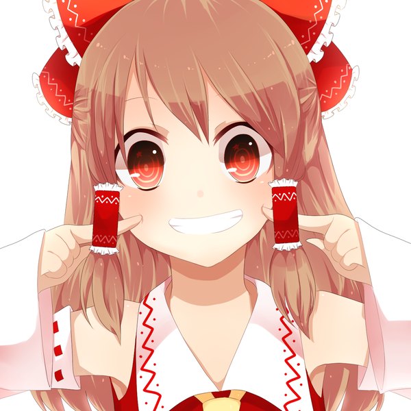 Anime picture 1300x1300 with touhou hakurei reimu puntiki (artist) single long hair smile red eyes brown hair face girl bow hair bow