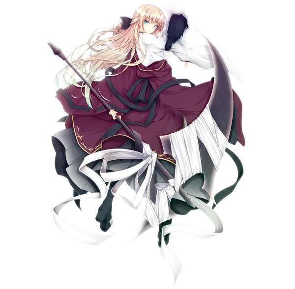Anime picture 1000x980 with original luna lia single long hair blue eyes simple background blonde hair smile white background girl dress weapon animal boots bird (birds) scythe crow