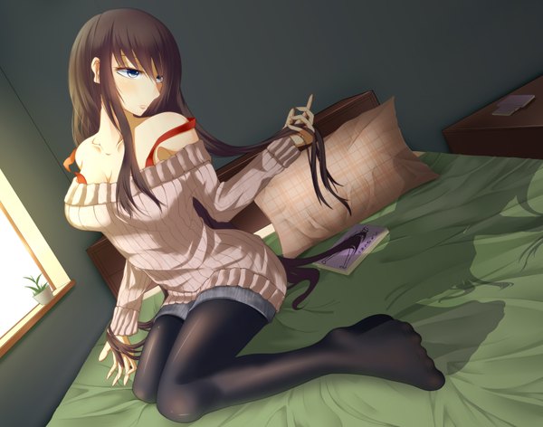 Anime picture 3300x2600 with original karube karu long hair blush highres blue eyes black hair absurdres no shoes legs girl shorts pillow bed sweater