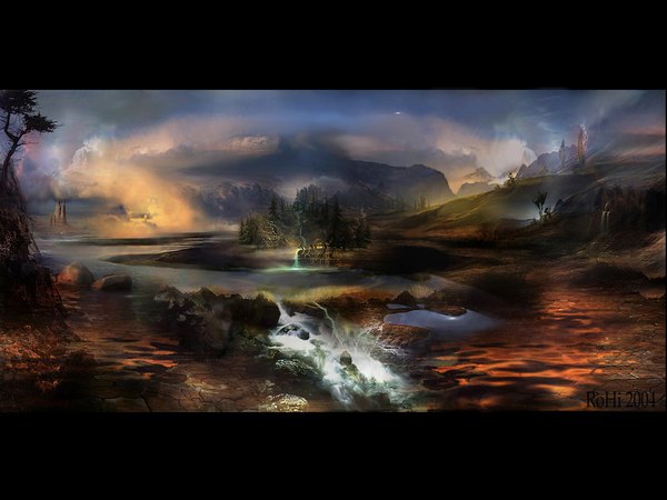 Anime picture 1024x768 with cloud (clouds) letterboxed mountain landscape river plant (plants) tree (trees) water