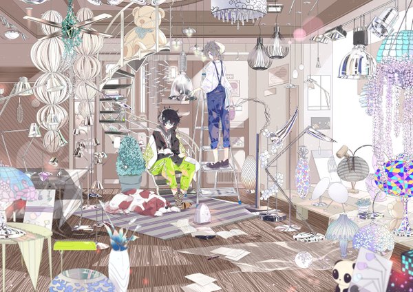 Anime picture 2480x1754 with original hpknight looking at viewer blush highres short hair blue eyes black hair sitting multiple girls indoors aqua eyes light smile lens flare messy room girl hair ornament flower (flowers) 2 girls plant (plants)
