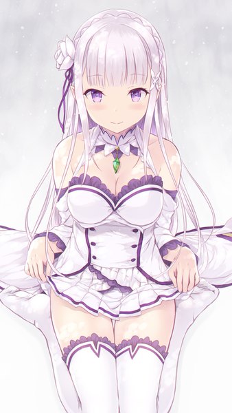 Anime picture 790x1400 with re:zero kara hajimeru isekai seikatsu white fox emilia (re:zero) cait single long hair tall image looking at viewer blush fringe breasts light erotic simple background smile sitting purple eyes bare shoulders cleavage silver hair braid (braids)