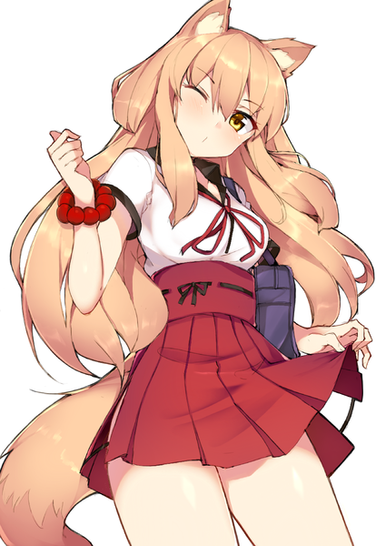 Anime picture 900x1271 with fate (series) fate/extra ccc fox tail fate/extra fate/extra ccc suzuka gozen (fate) haruyuki (yukichasoba) single long hair tall image looking at viewer blush fringe simple background blonde hair hair between eyes white background holding animal ears yellow eyes payot