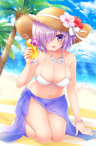 Anime picture 900x1360 with fate (series) fate/grand order mash kyrielight mitsuba choco single tall image looking at viewer blush fringe short hair breasts open mouth light erotic large breasts purple eyes sky purple hair cloud (clouds) :d hair over one eye