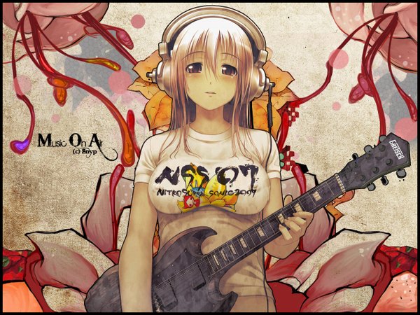 Anime picture 1280x960 with nitroplus super sonico tsuji santa snyp (r0pyns) light erotic erect nipples covered nipples headphones guitar