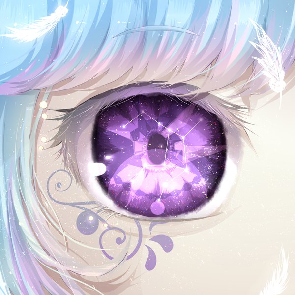 Anime picture 1024x1024 with original meiya (dia douya) single looking at viewer fringe purple eyes purple hair multicolored hair aqua hair two-tone hair tattoo close-up pale skin constellation girl star (stars) feather (feathers) eye