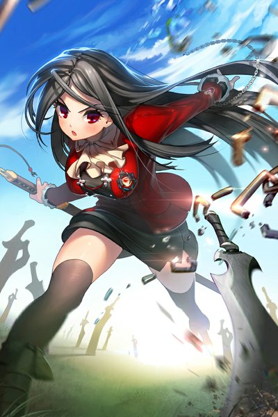 Anime picture 666x999 with devil maker rheez (artist) single long hair tall image blush open mouth black hair red eyes sky cloud (clouds) sunlight from below leaning zettai ryouiki leaning forward spread arms sunbeam fighting stance girl
