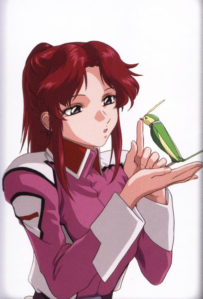 Anime picture 1347x1980 with mobile suit gundam gundam seed sunrise (studio) torii (gundam) flay allster tall image simple background white background ponytail red hair grey eyes girl animal bird (birds)