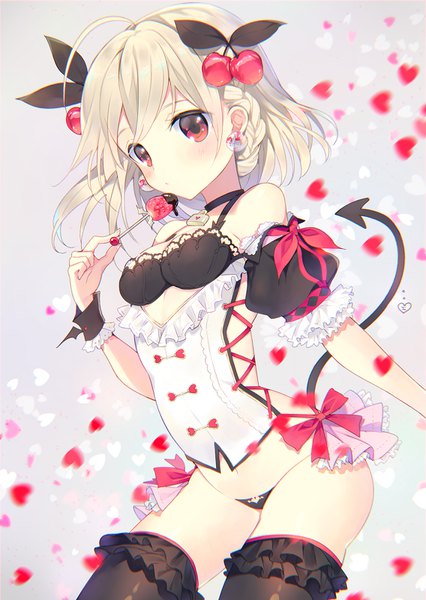 Anime picture 1136x1600 with original rugo single tall image looking at viewer blush short hair light erotic simple background blonde hair red eyes holding ahoge tail braid (braids) grey background puffy sleeves side braid demon tail arched back