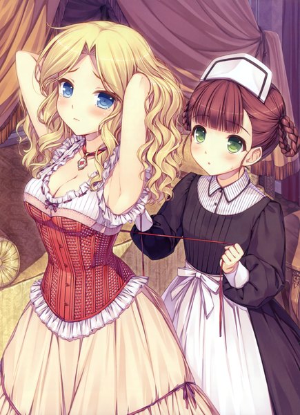 Anime picture 2465x3398 with original sayori long hair tall image blush fringe highres blue eyes blonde hair brown hair standing multiple girls green eyes cleavage armpit (armpits) maid wavy hair arms behind head crying girl