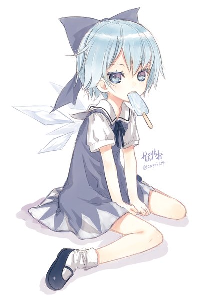 Anime picture 935x1283 with touhou cirno capriccio capri134 single tall image blush fringe short hair blue eyes simple background white background sitting signed blue hair full body shadow wariza girl dress