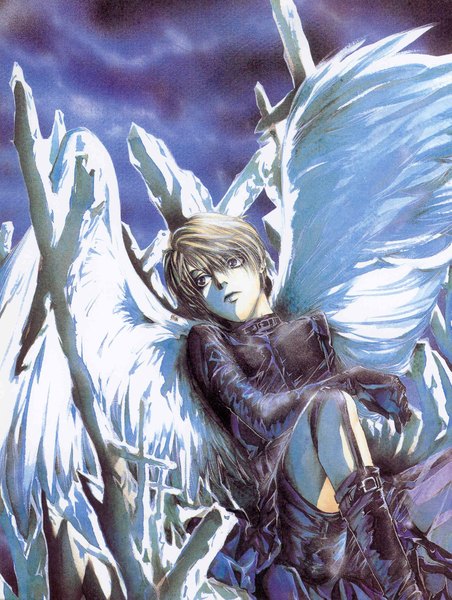 Anime picture 1697x2251 with angel sanctuary mudou setsuna single tall image short hair blonde hair sitting black eyes angel wings boy boots