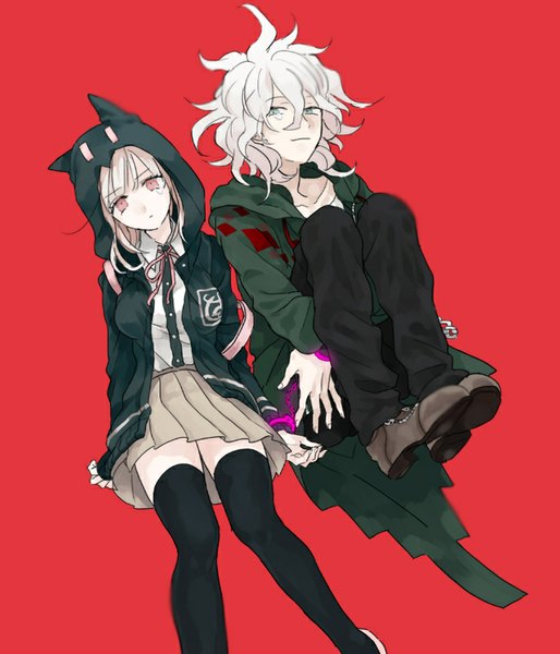 Anime picture 687x802 with dangan ronpa super dangan ronpa 2 nanami chiaki komaeda nagito urahara tall image looking at viewer fringe short hair simple background pink hair white hair pink eyes aqua eyes red background messy hair embryo's pose girl thighhighs boy