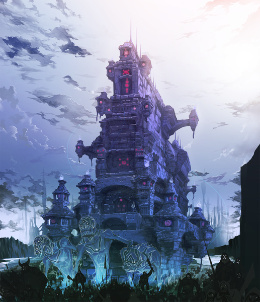 Anime picture 1293x1500 with pixiv fantasia sword regalia quotient stone (pixiv) tall image sky cloud (clouds) no people ghost demon moon monster castle