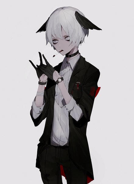Anime picture 850x1160 with original unnoa single tall image fringe short hair simple background hair between eyes standing holding animal ears looking away arm up grey eyes bunny ears mouth hold pale skin boy gloves shirt