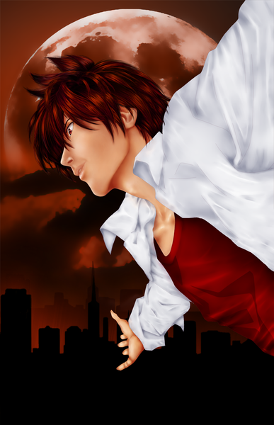 Anime picture 800x1239 with death note madhouse yagami light inira single tall image short hair red eyes cloud (clouds) red hair profile lips realistic night open clothes open shirt night sky city spread arms boy