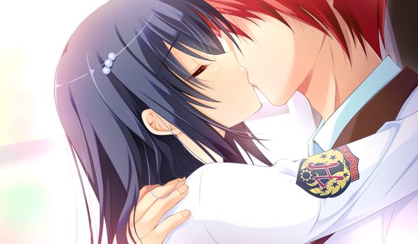 Anime picture 1024x600 with prestar long hair short hair black hair wide image game cg red hair eyes closed couple hug kiss girl boy