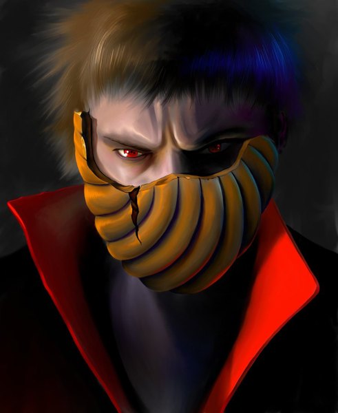 Anime picture 1024x1252 with naruto studio pierrot naruto (series) uchiha obito tobi gejsi (artist) single tall image short hair simple background red eyes brown hair realistic portrait face akatsuki sharingan boy mask