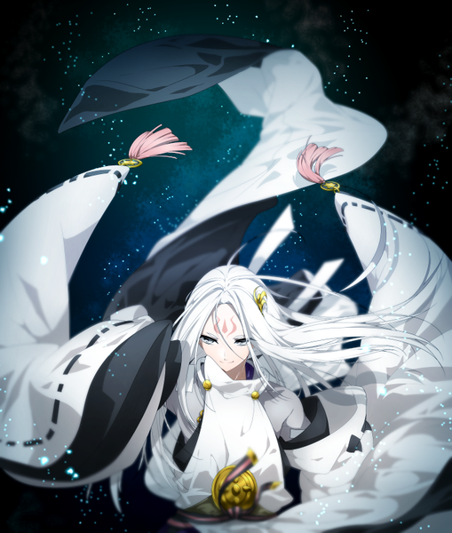 Anime picture 681x802 with fire emblem fire emblem fates izana (fire emblem if) laila litta single long hair tall image smile looking away upper body ahoge white hair long sleeves traditional clothes japanese clothes arm up wind night wide sleeves night sky