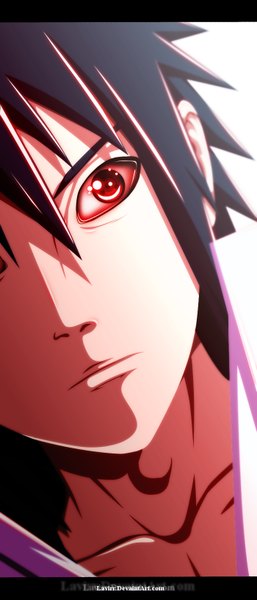 Anime picture 700x1630 with naruto studio pierrot naruto (series) uchiha sasuke lavirr single tall image short hair black hair simple background red eyes white background coloring close-up face sharingan boy