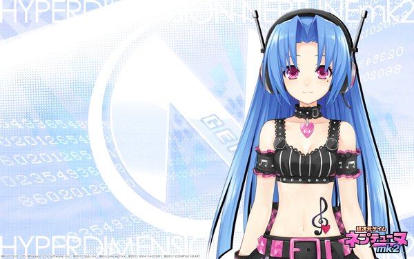 Anime picture 1920x1200 with choujigen game neptune hyperdimension neptunia mk2 5pb (choujigen game neptune) tsunako single long hair looking at viewer fringe highres light erotic wide image bare shoulders blue hair game cg very long hair pink eyes light smile mole official art midriff