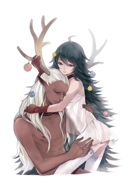 Anime picture 1000x1454 with original yu (kongxiang) long hair tall image light erotic simple background white background bare shoulders ahoge white hair eyes closed very long hair horn (horns) pointy ears grey hair grey eyes zettai ryouiki couple hug dark skin