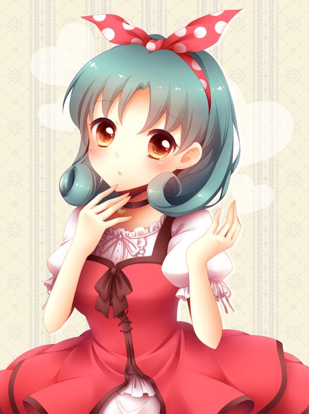 Anime picture 1600x2140 with idolmaster idolmaster million live! tokugawa matsuri sanotsuki single tall image looking at viewer blush short hair aqua hair orange eyes puffy sleeves polka dot girl dress bow hair bow