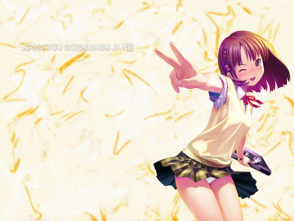 Anime picture 1280x960 with original koutaro single looking at viewer blush short hair open mouth blue eyes light erotic simple background brown hair one eye closed wind wink pantyshot wallpaper victory skirt lift yellow background girl